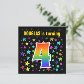 星+カラフルレインボーパターン「4」誕生日番号 招待状 (スタンド正面)