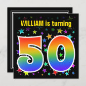 星+カラフルレインボーパターン"50"誕生日番号 招待状 (正面/裏面)
