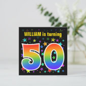 星+カラフルレインボーパターン"50"誕生日番号 招待状 (スタンド正面)
