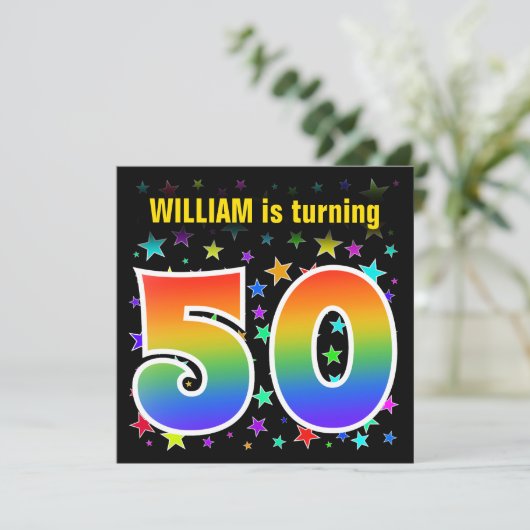 星+カラフルレインボーパターン"50"誕生日番号 招待状 (スタンド正面)