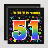 星+カラフルレインボーパターン"51"誕生日番号 招待状 (正面/裏面)