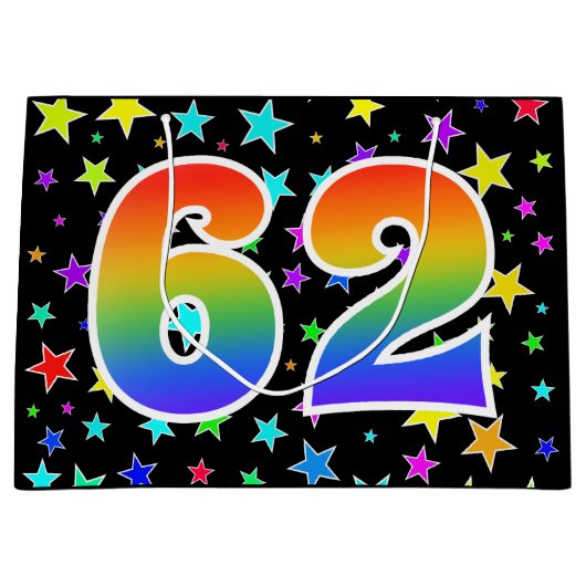 星+カラフルレインボーパターン"62"イベント番号 ラージペーパーバッグ (正面)