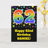 星+カラフルレインボーパターン"62"誕生日番号 カード (黄色い花)