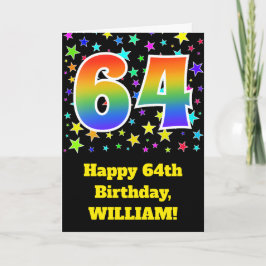 星+カラフルレインボーパターン"64"誕生日番号 カード