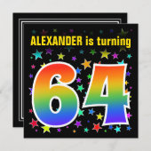 星+カラフルレインボーパターン"64"誕生日番号 招待状 (正面/裏面)