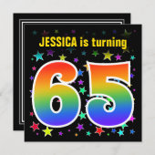 星+カラフルレインボーパターン「65」誕生日番号 招待状 (正面/裏面)