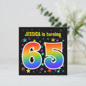 星+カラフルレインボーパターン「65」誕生日番号 招待状 (スタンド正面)