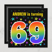 星+カラフルレインボーパターン"69"誕生日番号 招待状 (正面/裏面)