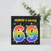 星+カラフルレインボーパターン"69"誕生日番号 招待状 (スタンド正面)