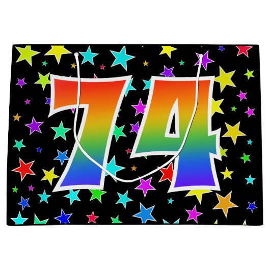 星+カラフルレインボーパターン"74"イベント番号 ラージペーパーバッグ (正面)