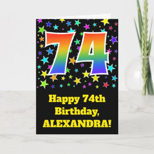 星+カラフルレインボーパターン"74"誕生日番号 カード