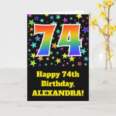 星+カラフルレインボーパターン"74"誕生日番号 カード (黄色い花)
