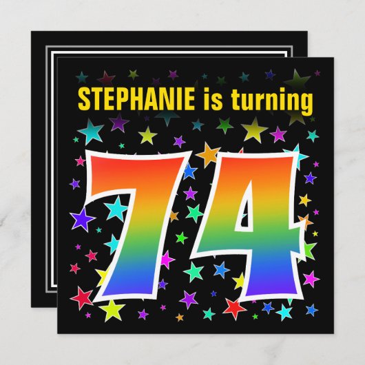 星+カラフルレインボーパターン"74"誕生日番号 招待状 (正面/裏面)