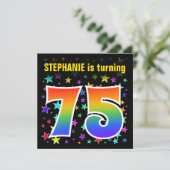 星+カラフルレインボーパターン「75」誕生日番号 招待状 (スタンド正面)