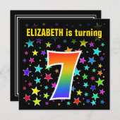 星+カラフルレインボーパターン「7」誕生日番号 招待状 (正面/裏面)