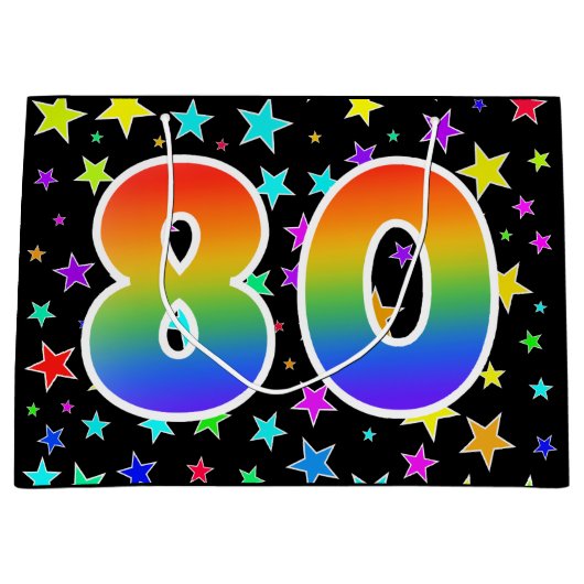星+カラフルレインボーパターン"80"イベント番号 ラージペーパーバッグ (正面)