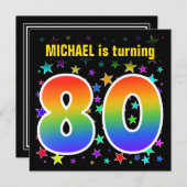 星+カラフルレインボーパターン"80"誕生日番号 招待状 (正面/裏面)