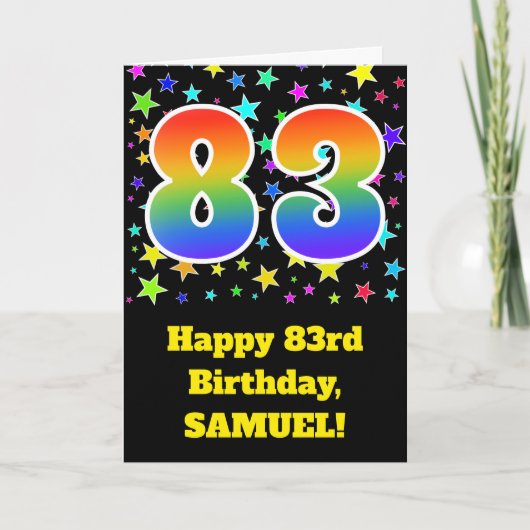 星+カラフルレインボーパターン"83"誕生日番号 カード (正面)
