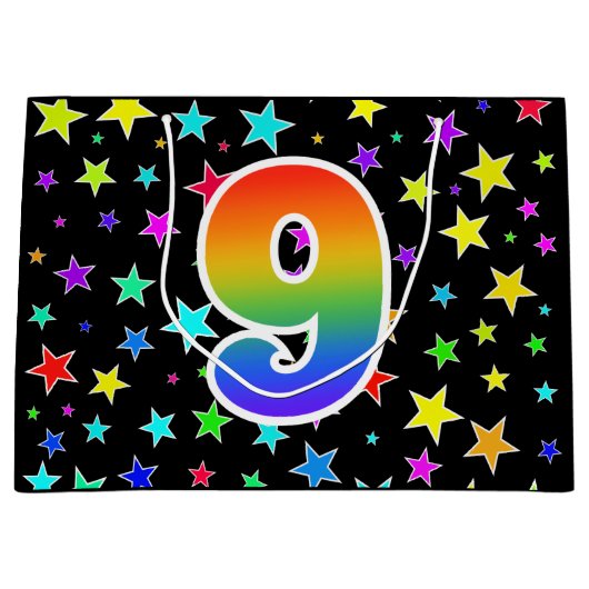 星+カラフルレインボーパターン「9」イベント番号 ラージペーパーバッグ (正面)