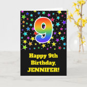 星+カラフルレインボーパターン「9」誕生日番号 カード (黄色い花)