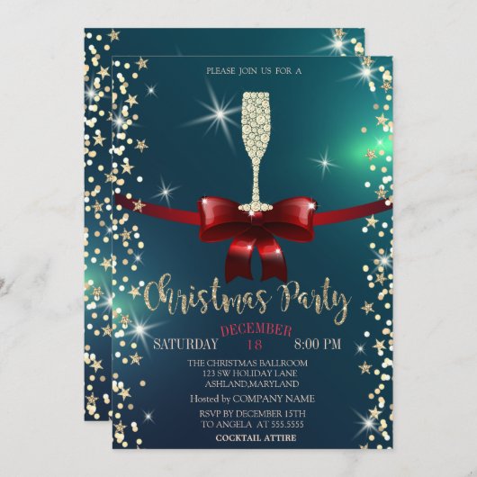 星、シャンパングラス、レッドボウクリスマスカンパニー 招待状 (正面/裏面)