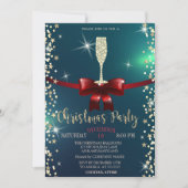 星、シャンパングラス、赤いリボンのクリスマス会社 招待状 (正面)