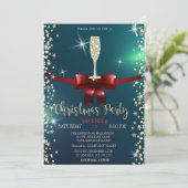 星、シャンパングラス、赤いリボンのクリスマス会社 招待状 (スタンド正面)