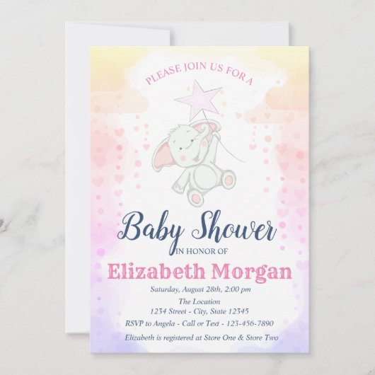 星，ベビーガールエレファントベビージャーシャワー 招待状 (正面)