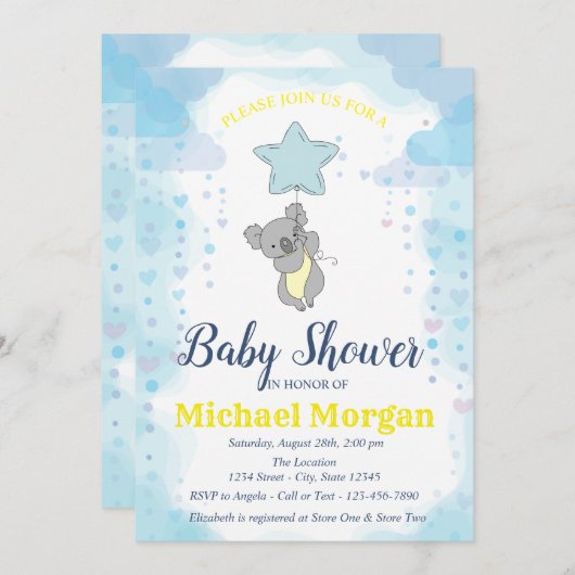 星、ベビークマ赤ちゃんシャワー 招待状 (正面/裏面)