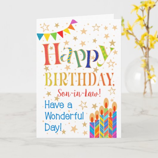 星、旗布、義理の息子の誕生日のための蝋燭 カード (黄色い花)