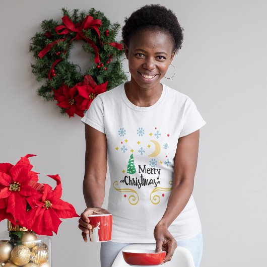 星、月、雪の結晶とメリークリスマスウィメンズ Tシャツ