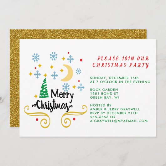 星、月、雪片、メリークリスマス、ZPR 招待状 (正面/裏面)