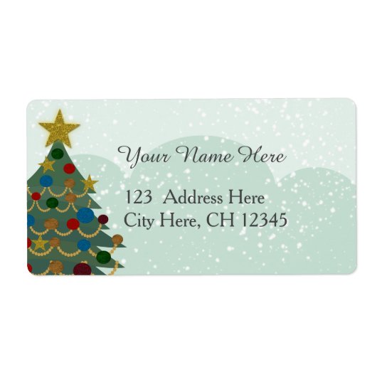 星、球根、雪のあるクリスマスツリー ラベル (正面)