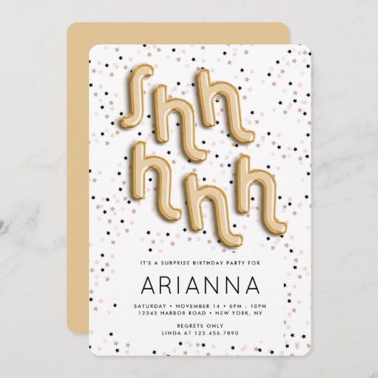 星nゴールドフォイルバルーン型サプライズ誕生日 招待状 (正面/裏面)