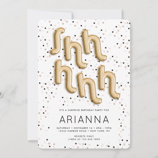 星nゴールドフォイルバルーン型サプライズ誕生日 招待状 (正面)