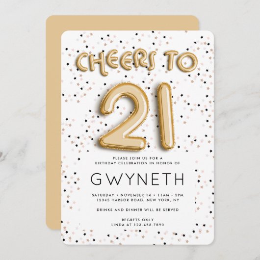 星nゴールドフォイルバルーン21歳の誕生日 招待状 (正面/裏面)