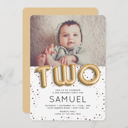 星n金箔風船型2回目の誕生日 招待状 (正面/裏面)