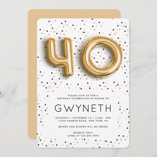 星n金箔風船型40歳の誕生日 招待状 (正面/裏面)