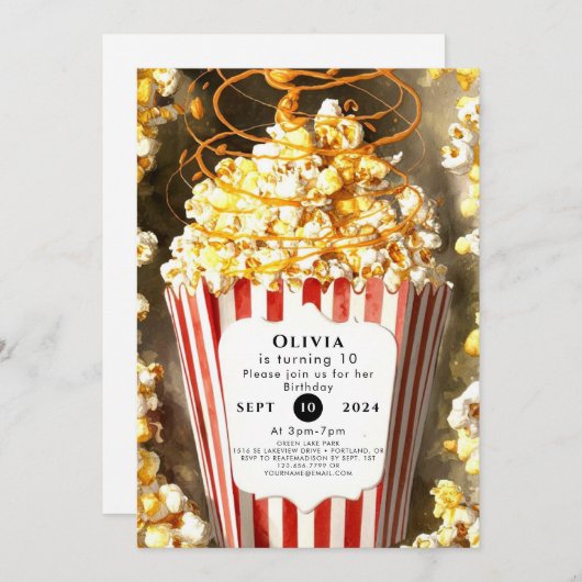 映画お洒落ナイトポップコーン誕生日 招待状 (正面/裏面)