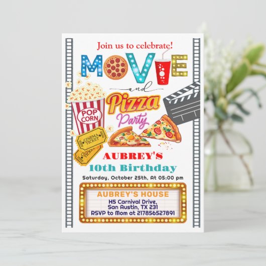 映画とピザ誕生日パーティーの招待状 (スタンド正面)