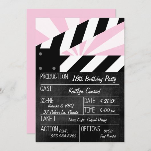 映画のクラッパーアクションサイン パーティ招待状 招待状 (正面/裏面)