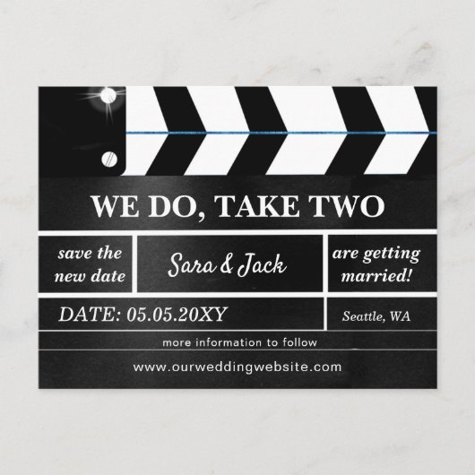 映画のクラップボードを2回延期結婚する 案内ポストカード (正面)