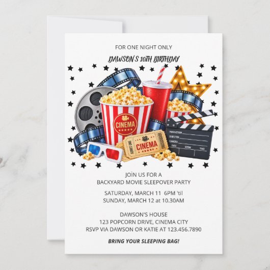 映画のテーマの裏庭の夜更かし誕生日 招待状 (正面)