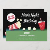 映画のナイト誕生日に笑顔のポップコーンブラックグリーン 招待状 (正面/裏面)