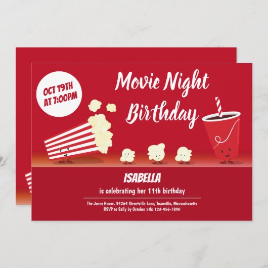 映画のナイト誕生日に笑顔ポップコーン漫画の子ども 招待状 (正面/裏面)
