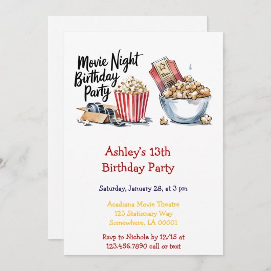 映画の夜とポップコーンキッドの誕生日パーティー 招待状 (正面/裏面)