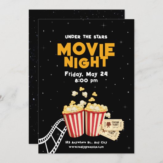 映画の夜のチラシ,映画の夜の誕生日パーティー 招待状 (正面/裏面)