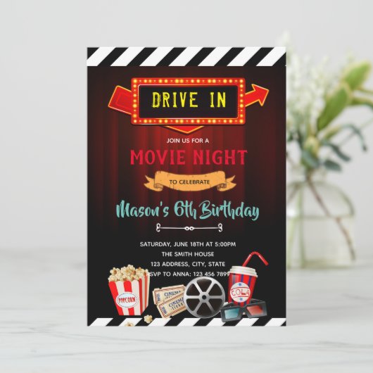映画の夜のテーマパーティーの可愛いドライブ招待状 招待状 (スタンド正面)