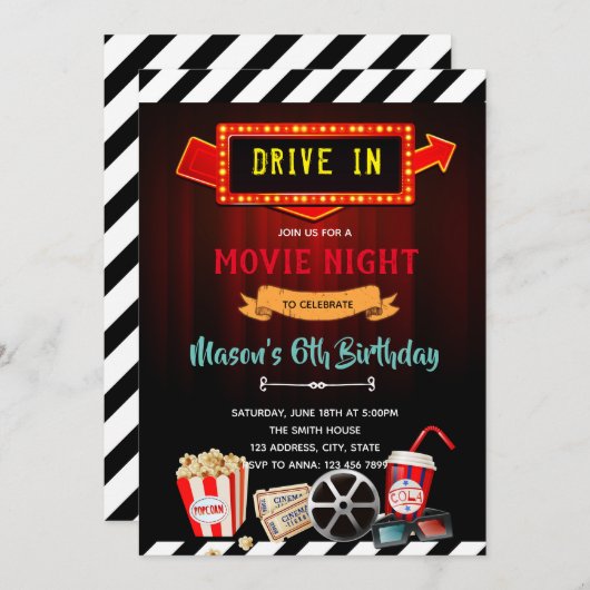 映画の夜のテーマパーティーの可愛いドライブ招待状 招待状 (正面/裏面)