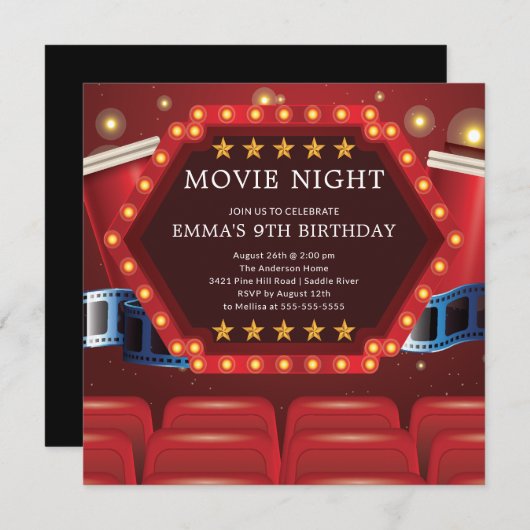 映画の夜のバースデーパーティ招待状 招待状 (正面/裏面)